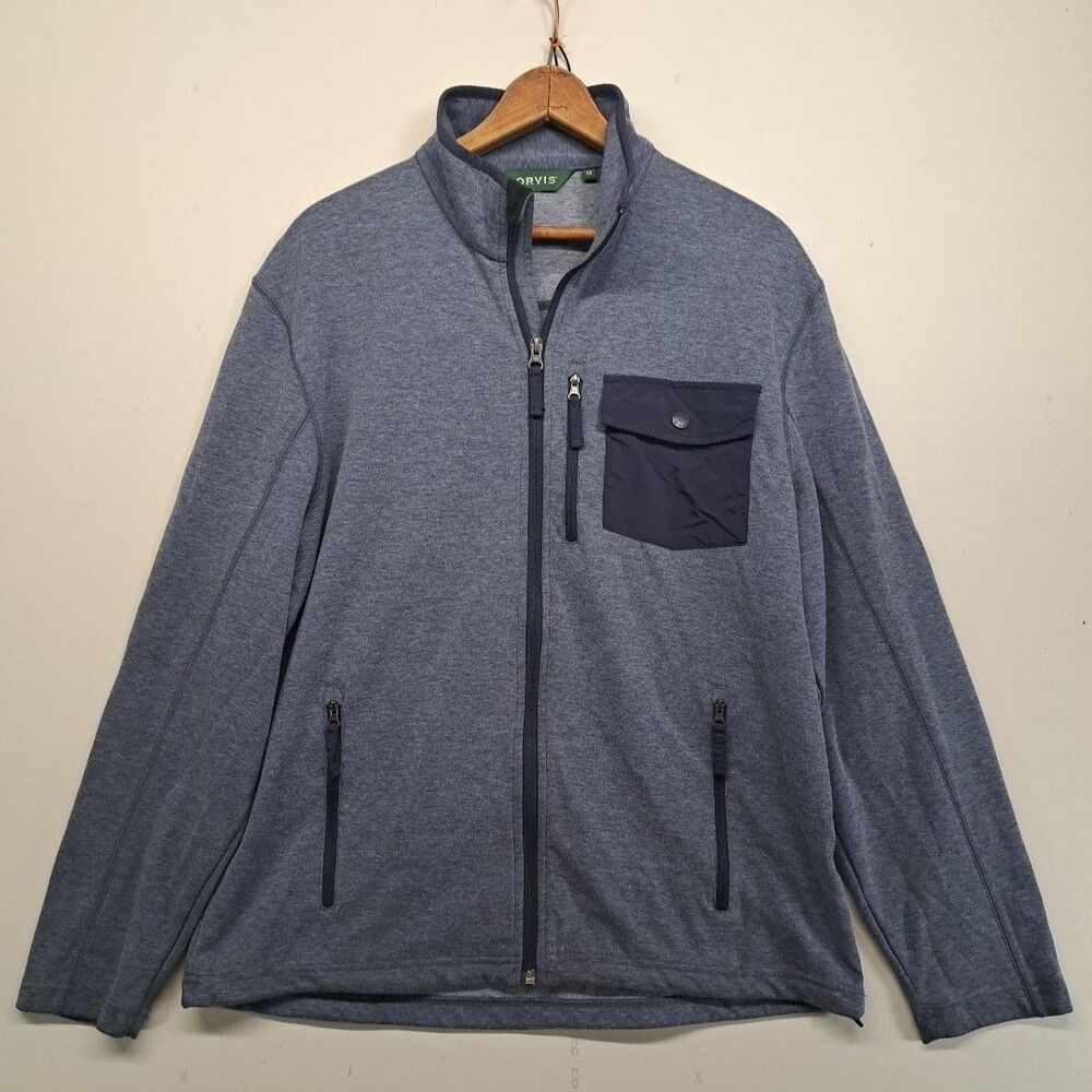 Orvis Men's Blue Full Zip Fleece Jacket Sweatshirt Large Pockets Hiking Outdoor